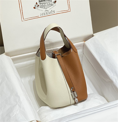 Picotin Lock Bag 18 Togo Leather Silver Tone Metal In Craie/Gold HS