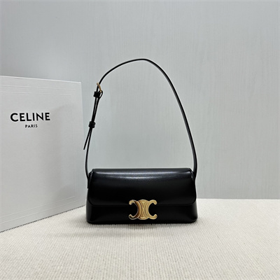 Celine Triomphe Shoulder Bag In Shiny Calfskin Black Color