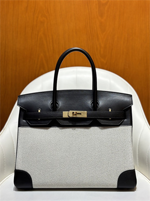 Bir.kin Bag Swift Leather & Canvas 25/30 Gold/Silver Hardware In Black HS