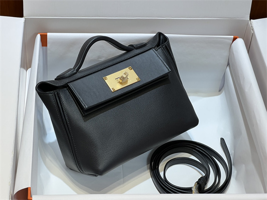 Hermes 2424 Mini Bag Evercolor/ Swift Leather Gold/Silver Tone Metal Black Color HS