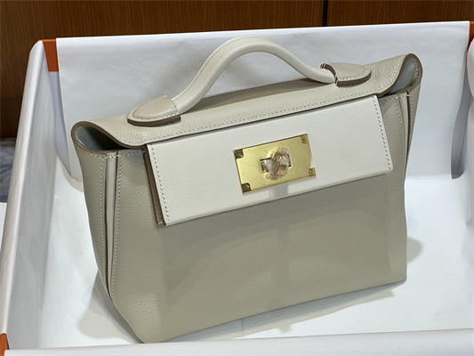 Hermes 2424 Mini Bag Evercolor/ Swift Leather Gold/Silver Tone Metal Craie Color HS