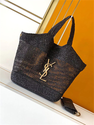 Y.S.L ICARE MAXI SHOPPING BAG IN Raffia Gold Tone Metal Black