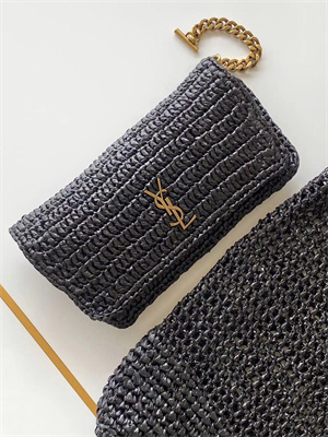 Y.S.L ICARE MAXI SHOPPING BAG IN Raffia Gold Tone Metal Black