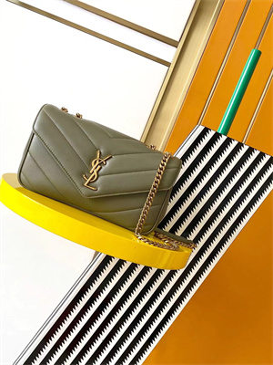 Y.S.L LOULOU Small in MATELASSÉ lambskin Gold Tone Metal Dk Strong Moss