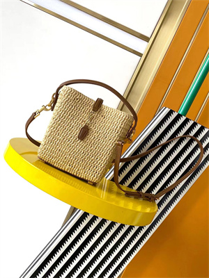 Y.S.L LE 37 Mini In Brown Shiny Leather & Raffia Bucket Bag