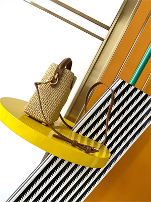 Y.S.L LE 37 Mini In Brown Shiny Leather & Raffia Bucket Bag