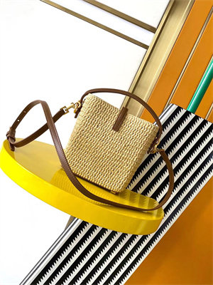 Y.S.L LE 37 Mini In Brown Shiny Leather & Raffia Bucket Bag