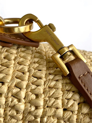 Y.S.L LE 37 Mini In Brown Shiny Leather & Raffia Bucket Bag