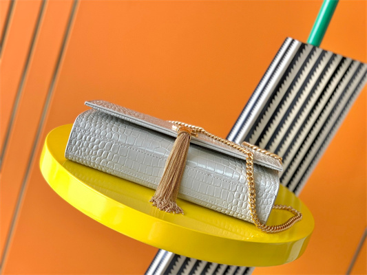 Y.S.L KATE MEDIUM TASSEL IN CROCODILE EMBOSSED Leather Gold Tone Metal White Color