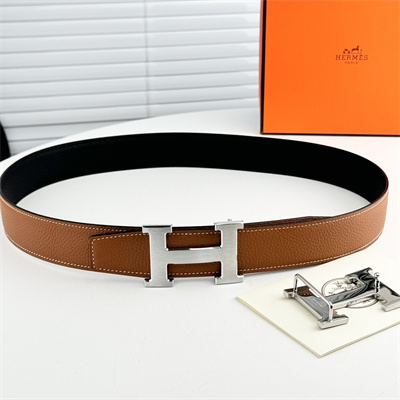 Hermes Men’s Reversible Belt 38MM Calfskin Leather Silver Tone Hardware Brown/Black
