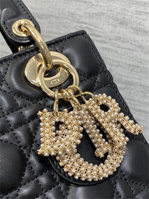 CD Small Lady Di.or My ABCDior Bag Cannage Lambskin Gold Tone Metal With Pearl Charm Black