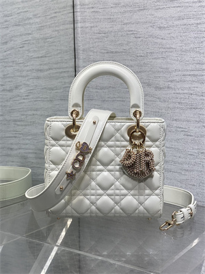 CD Small Lady Di.or My ABCDior Bag Cannage Lambskin Gold Tone Metal With Pearl Charm White