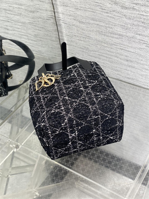 CD Small TOUJOURS Vertical Tote Bag Black Tweed with White Cannage Motif