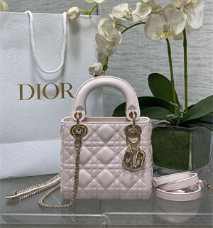 CD Mini Lady Dior Bag Cannage Lambskin Gold Tone Metal Sakura Pink