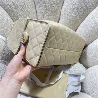 Chanel 25 Medium Handbag Grained Calfskin Gold Tone Metal Beige AS5311