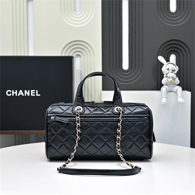 Cha.nel Large Bowling Bag Grained Shiny Calfskin & Gold-Tone Metal Black AS5579