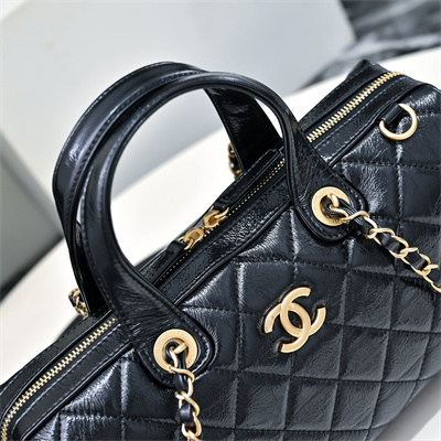 Cha.nel Large Bowling Bag Grained Shiny Calfskin & Gold-Tone Metal Black AS5579