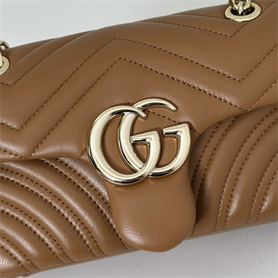 Gu.cci GG Marmont Small shoulder bag matelassé chevron lambskin leather Lt Gold toned hardware Brown 837280