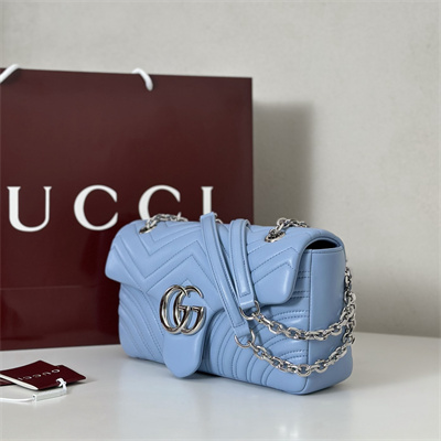 Gu.cci GG Marmont medium shoulder bag matelassé chevron lambskin leather Silver toned hardware Lt Blue 837267