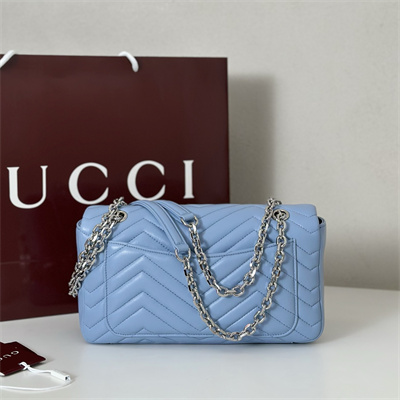 Gu.cci GG Marmont medium shoulder bag matelassé chevron lambskin leather Silver toned hardware Lt Blue 837267