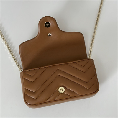 Gu.cci GG Marmont Mini shoulder bag matelassé chevron lambskin leather Lt Gold toned hardware Brown 841290