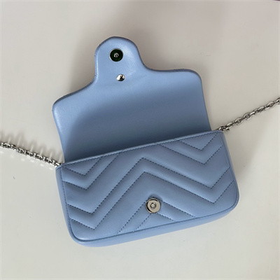 Gu.cci GG Marmont Mini shoulder bag matelassé chevron lambskin leather Silver toned hardware Lt Blue 841290