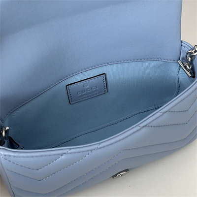 Gu.cci GG Marmont Mini shoulder bag matelassé chevron lambskin leather Silver toned hardware Lt Blue 841290