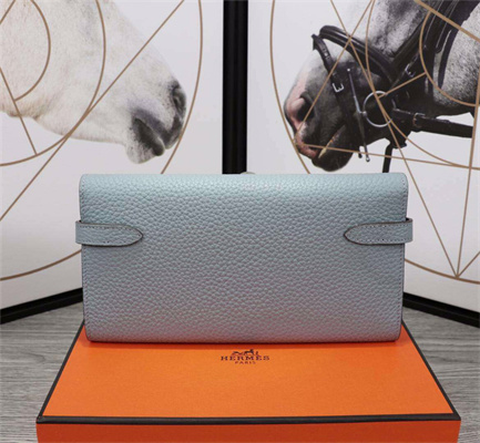 Her.mes Kelly Classic Wallet Calfskin Blue Lin Color Silver tone Metal