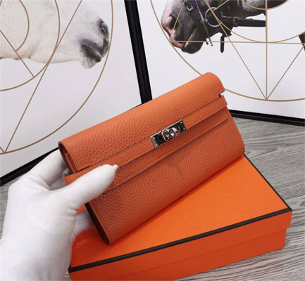 Her.mes Kelly Classic Wallet Calfskin Orange Color Silver tone Metal