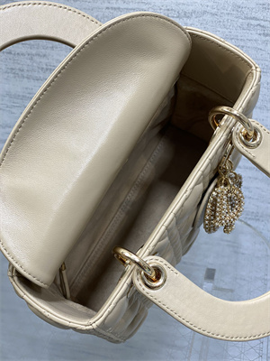 CD Small Lady Di.or My ABCDior Bag Cannage Lambskin Gold Tone Metal With Pearl Charm Beige