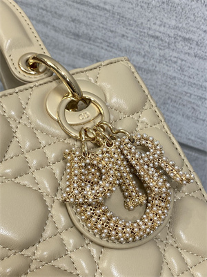 CD Small Lady Di.or My ABCDior Bag Cannage Lambskin Gold Tone Metal With Pearl Charm Beige