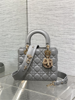 CD Small Lady Di.or My ABCDior Bag Cannage Lambskin Gold Tone Metal With Pearl Charm Grey
