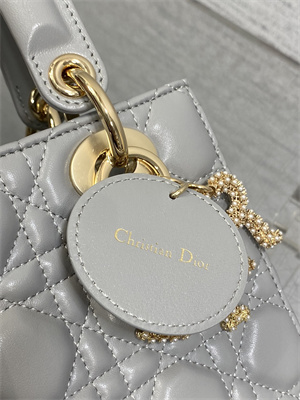CD Small Lady Di.or My ABCDior Bag Cannage Lambskin Gold Tone Metal With Pearl Charm Grey