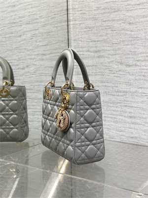 CD Small Lady Di.or My ABCDior Bag Cannage Lambskin Gold Tone Metal With Pearl Charm Grey