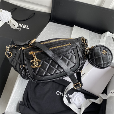 Chanel Waist Bag Aged Calfskin Gold-Tone Metal Black AS1077