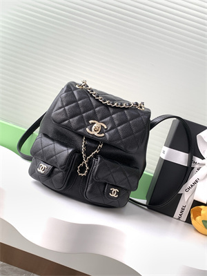 Cha.nel Duma Backpack Grained Calfskin Gold Tone Metal Black AS3860