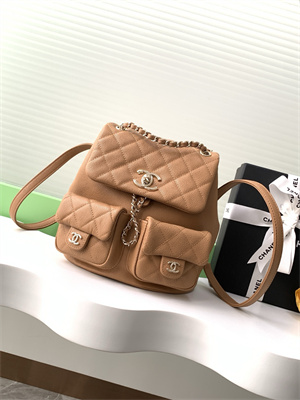 Cha.nel Duma Backpack Grained Calfskin Gold Tone Metal Brown AS3860