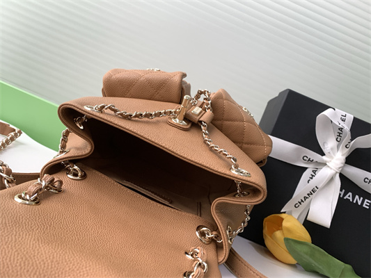 Cha.nel Duma Backpack Grained Calfskin Gold Tone Metal Brown AS3860