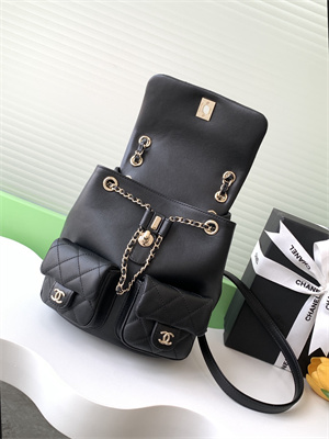 Cha.nel Duma Backpack Smooth Calfskin Gold Tone Metal Black AS3860