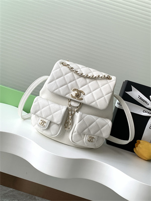 Cha.nel Duma Backpack Grained Calfskin Gold Tone Metal White AS3860