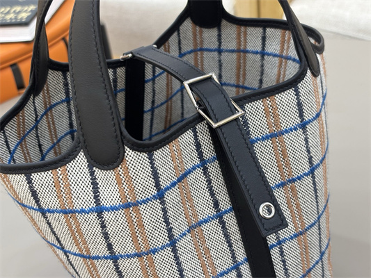 Picotin Lock 18 Bag in H canvas and Swift calfskin with “Couverture Carre” embroidery Black HS