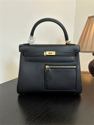 Kelly Colormatic Bag Swift Leather 25/28CM Gold/Silver Hardware In Black Color HS