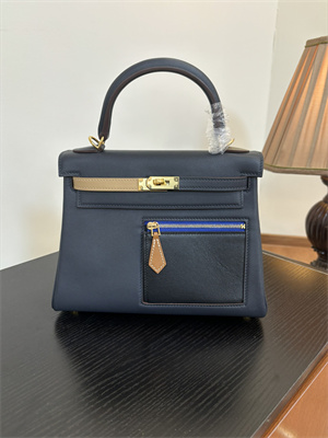 Kelly Colormatic Bag Swift Leather 25/28CM Gold/Silver Hardware In Bleu Marine, Black, Chai, Gold and Etoupe Color HS