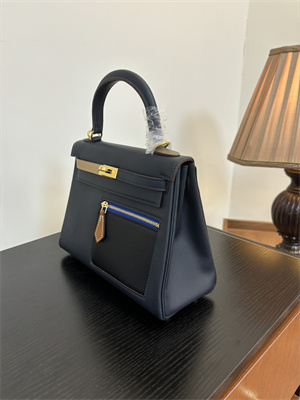 Kelly Colormatic Bag Swift Leather 25/28CM Gold/Silver Hardware In Bleu Marine, Black, Chai, Gold and Etoupe Color HS