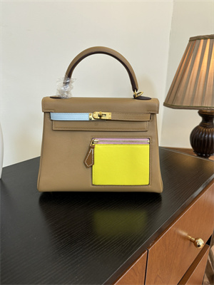 Kelly Colormatic Bag Swift Leather 25/28CM Gold/Silver Hardware In CHAI, LIME, MAUVE SYLVESTRE, BLEU BRUME, CASSIS & NATA Color HS
