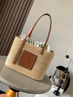 Loewe Small Square basket in Raffia&Calfskin Nature/Tan