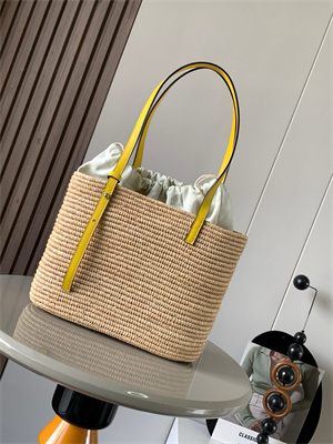 Loewe Small Square basket in Raffia&Calfskin Nature/Yellow