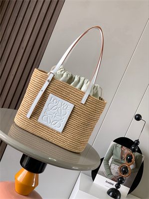 Loewe Small Square basket in Raffia&Calfskin Nature/White
