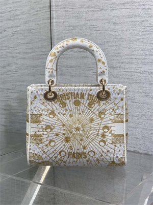 CD Medium Lady D-Lite Bag  Embroidery White &Gold
