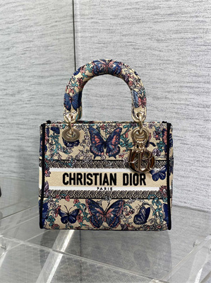 CD Medium Lady D-Lite Bag  Embroidery Beige Multicolors